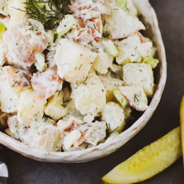 Dill Pickle Potato Salad with Grilled Sausages - The Weary Chef